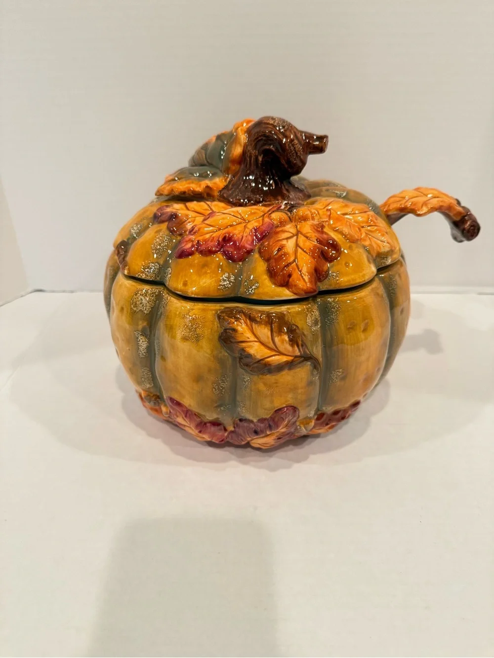 Baum Bros. Pumpkin Soup Tureen in Yellow and Green with Matching Ladle